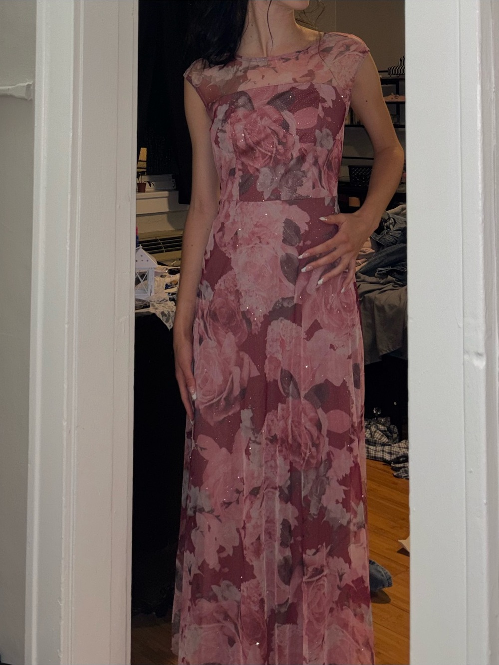 Rose Pink Floral Maxi Dress with Sheer Overlay